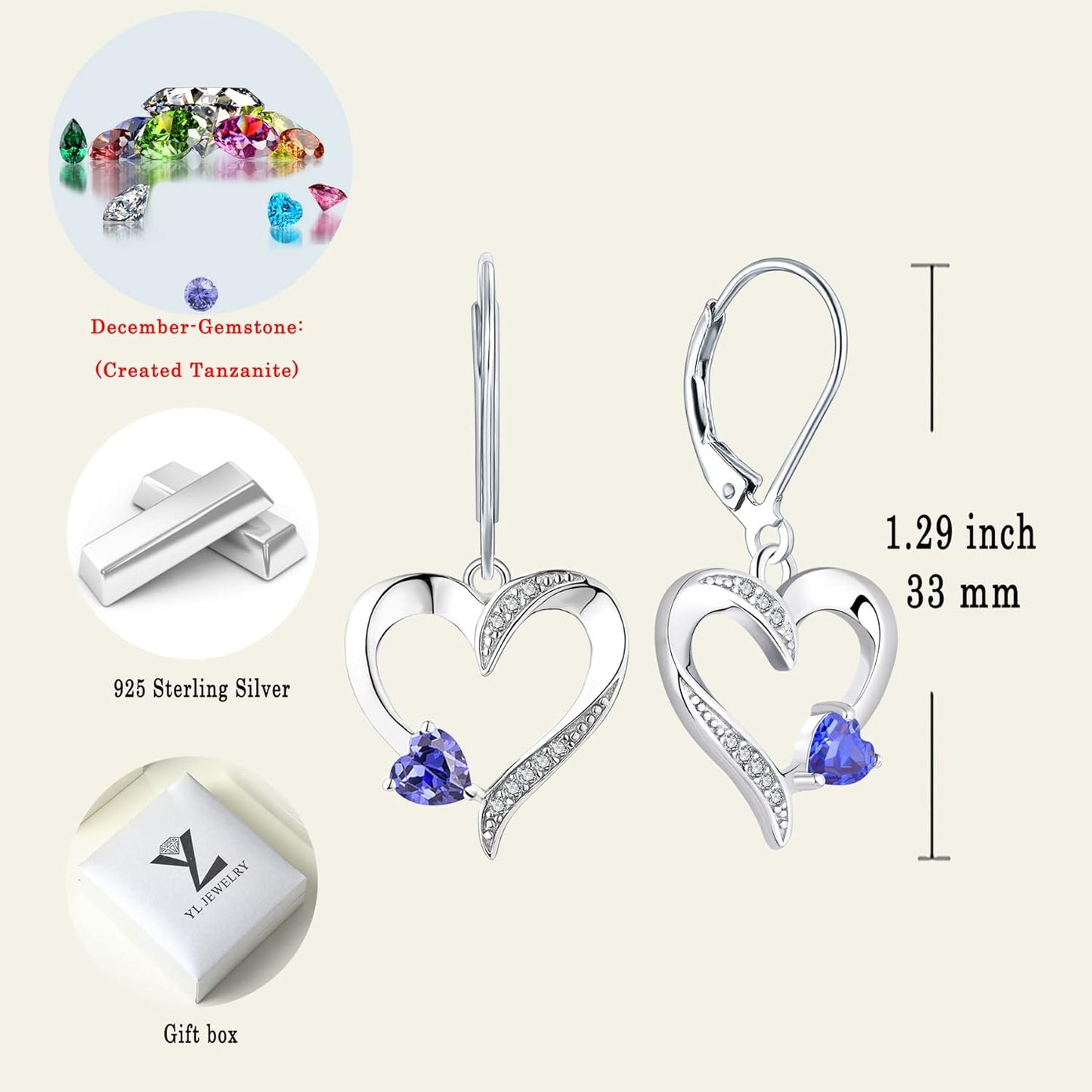 Heart Earrings Sterling Silver Love Heart Dangle Drop Earrings Birthstone Leverback Jewelry for Women