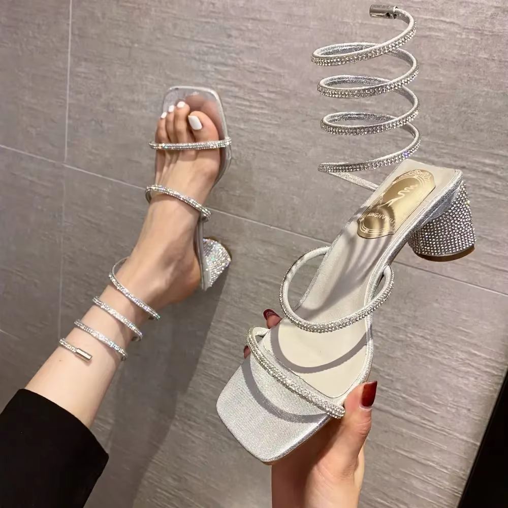 2024 Summer Luxury Women Sandals Crystal Square Head Gold Rhinestone Snake Pattern High Heels Wedding Party Shoes