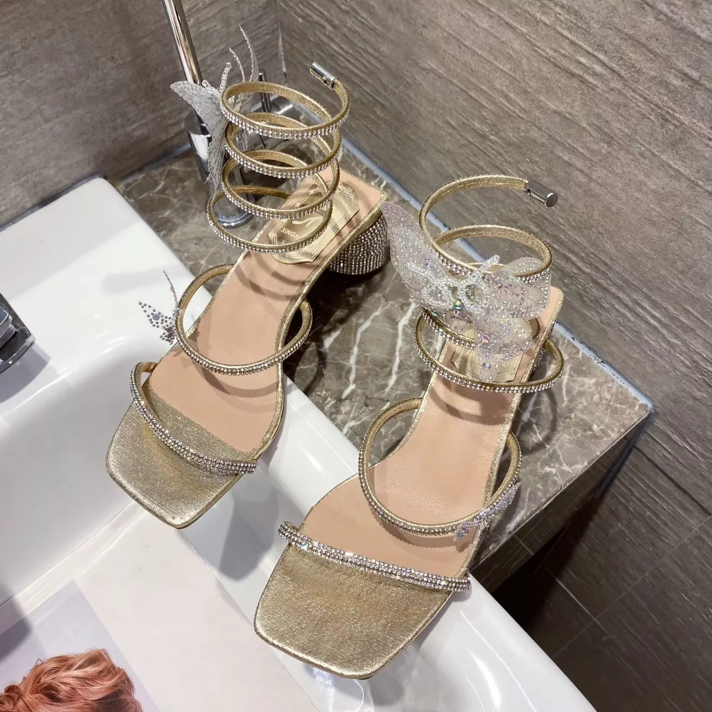 2024 Summer Luxury Women Sandals Crystal Square Head Gold Rhinestone Snake Pattern High Heels Wedding Party Shoes