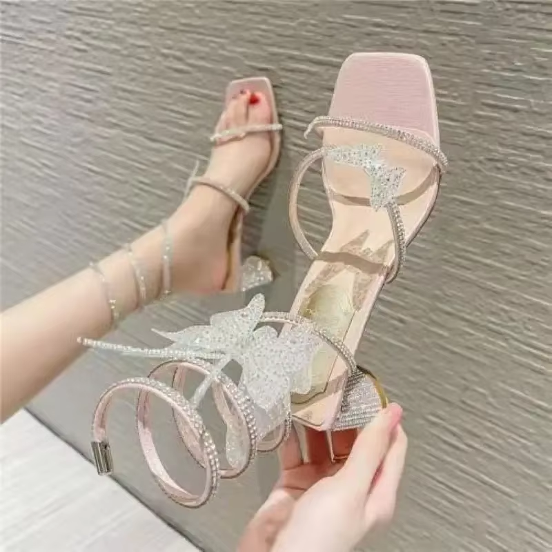 2024 Summer Luxury Women Sandals Crystal Square Head Gold Rhinestone Snake Pattern High Heels Wedding Party Shoes