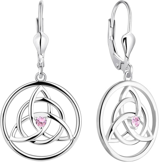 Celtic Knot Earrings 925 Sterling Silver Trinity Knot Leverback Earrings Birthstones Dangle Drop Jewelry for Women