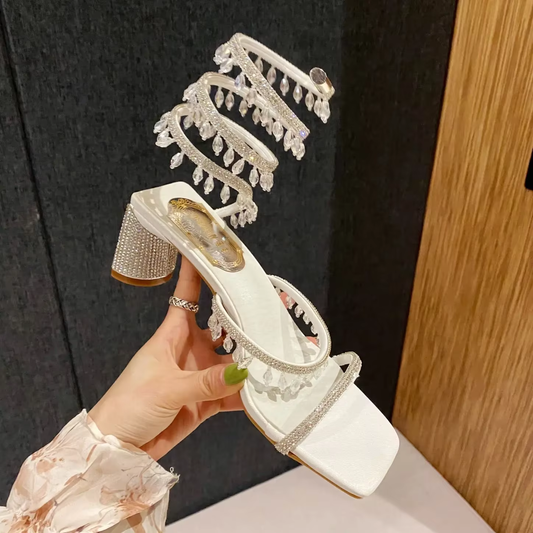 2024 Summer Luxury Women Sandals Crystal Square Head Gold Rhinestone Snake Pattern High Heels Wedding Party Shoes